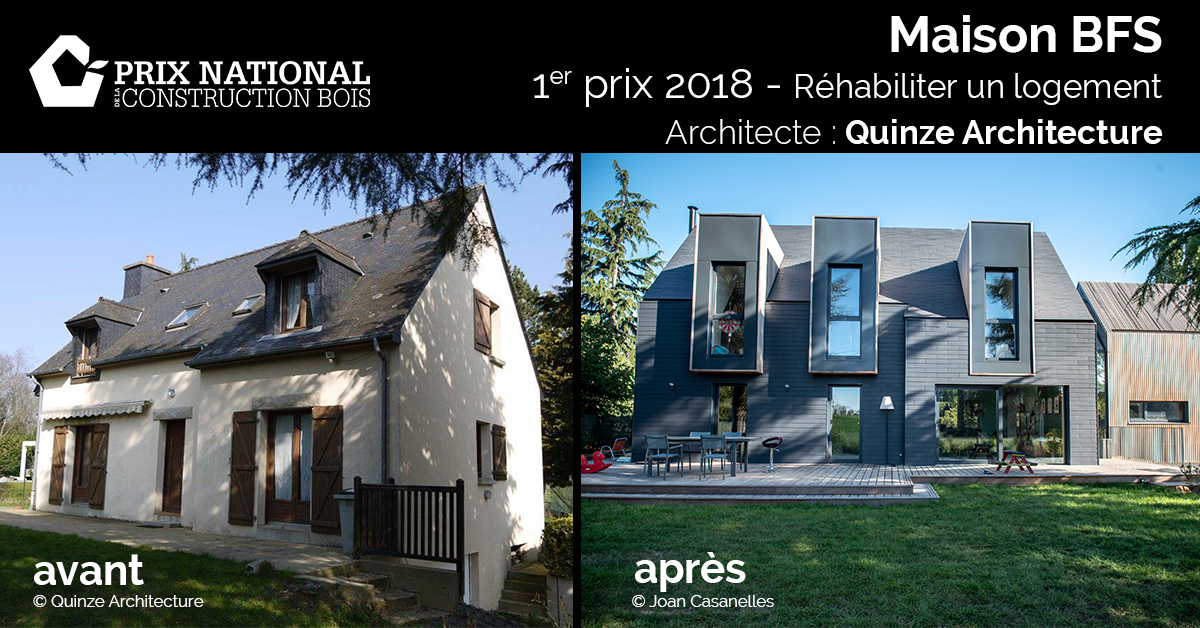 Fibois Bretagne - Prix National de la #construction bois 2020, catégorie  Habiter une maison Coup double pour cette maison où deux escaliers  permettent d'accéder à l'étage, divisé en deux volumes non communicants.